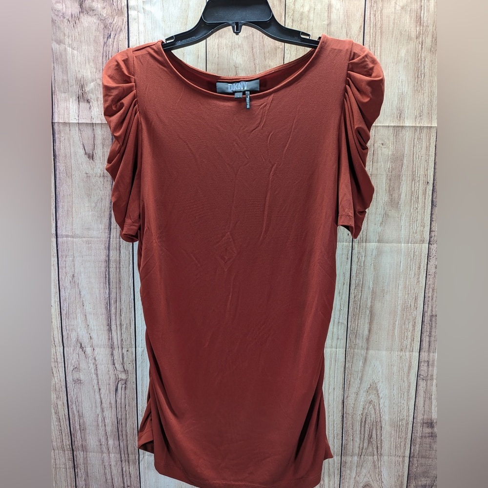 DKNY‎ Dusty muave balloon sleeve blouse ruffled sleeves stretchy size L NWOT - Picture 3 of 6